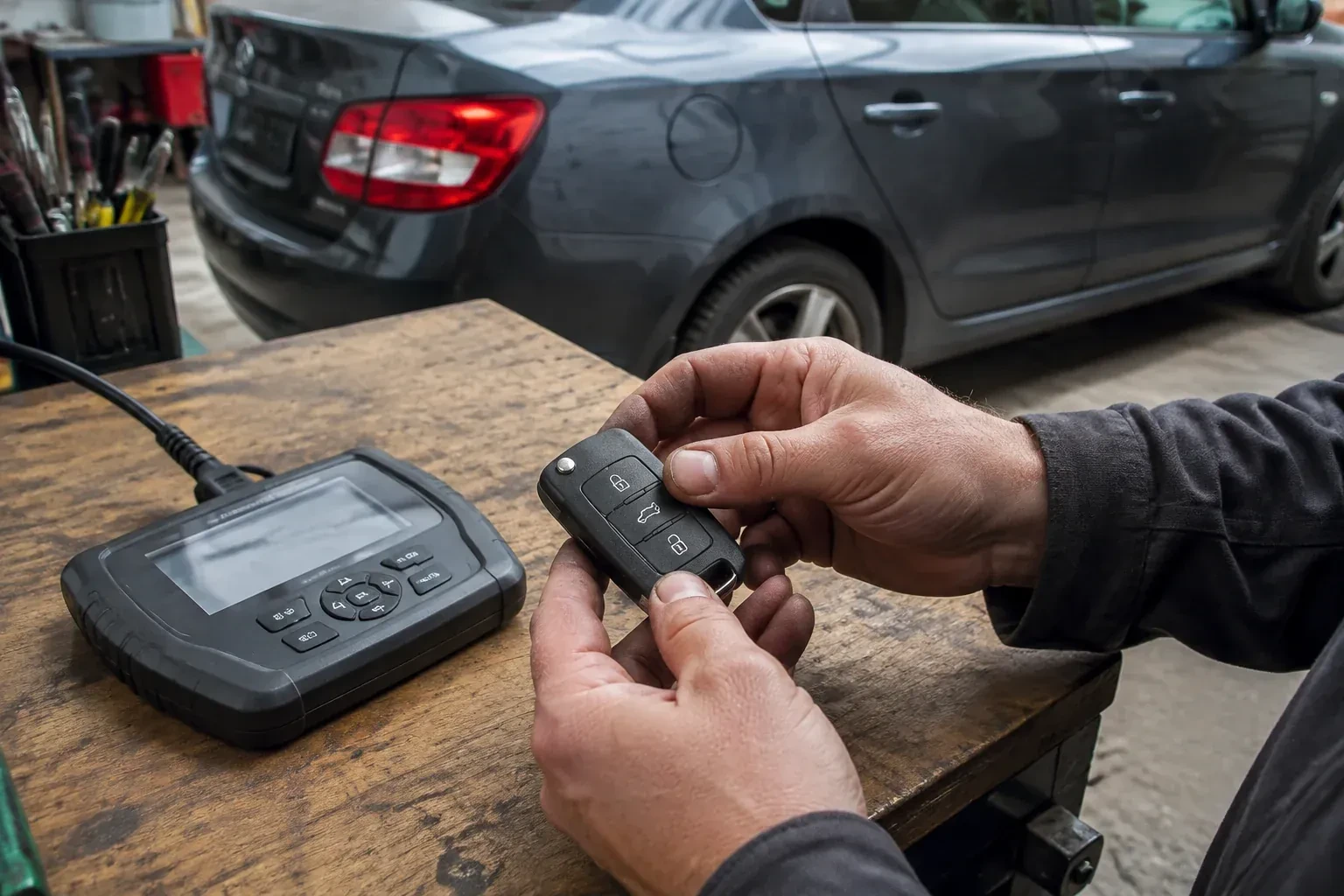 Hands holding a black car key fob above a workbench, beside a wired handheld device with a screen. — Car Key Replacement, Burlington