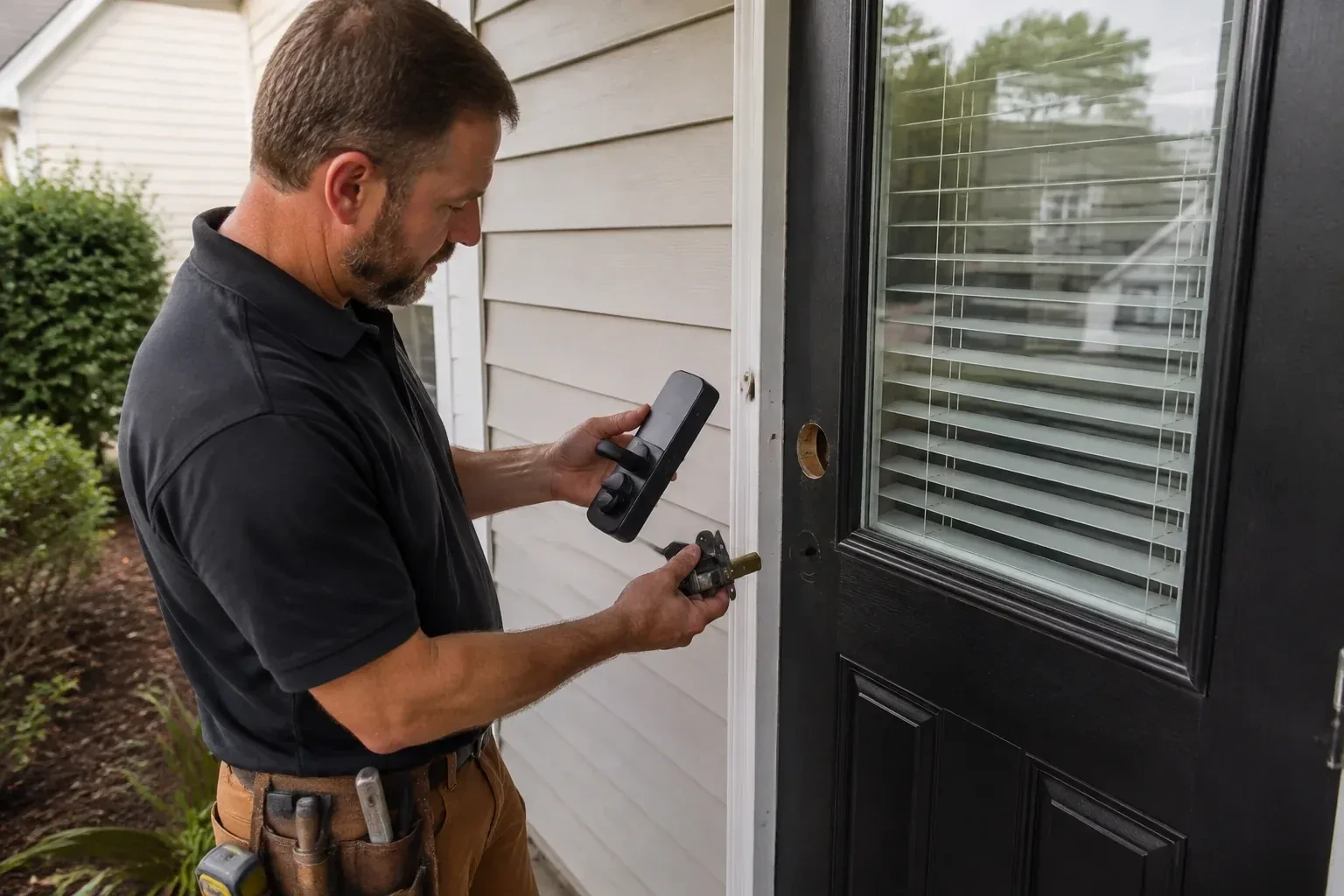 Person holding a black door-handle assembly and a latch beside a glazed door with exposed lock openings. — Smart Lock Installation, Burlington