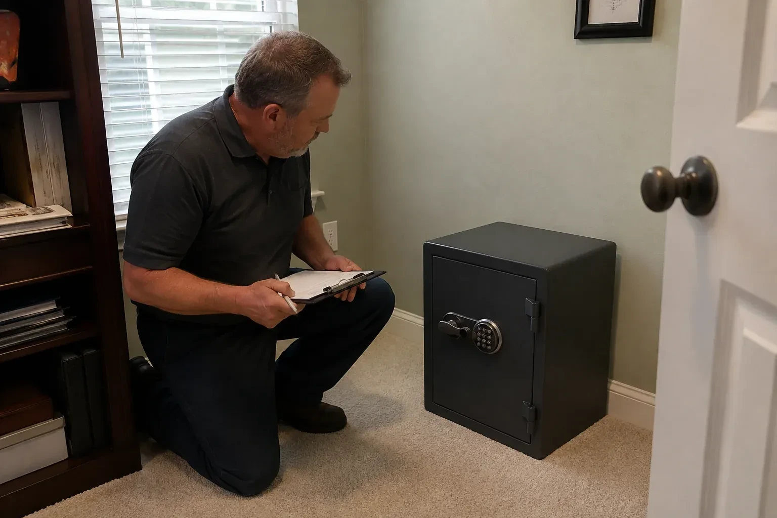 Person holding a clipboard beside a closed black safe with a circular keypad in a carpeted room. — Safe Installation & Servicing, Burlington
