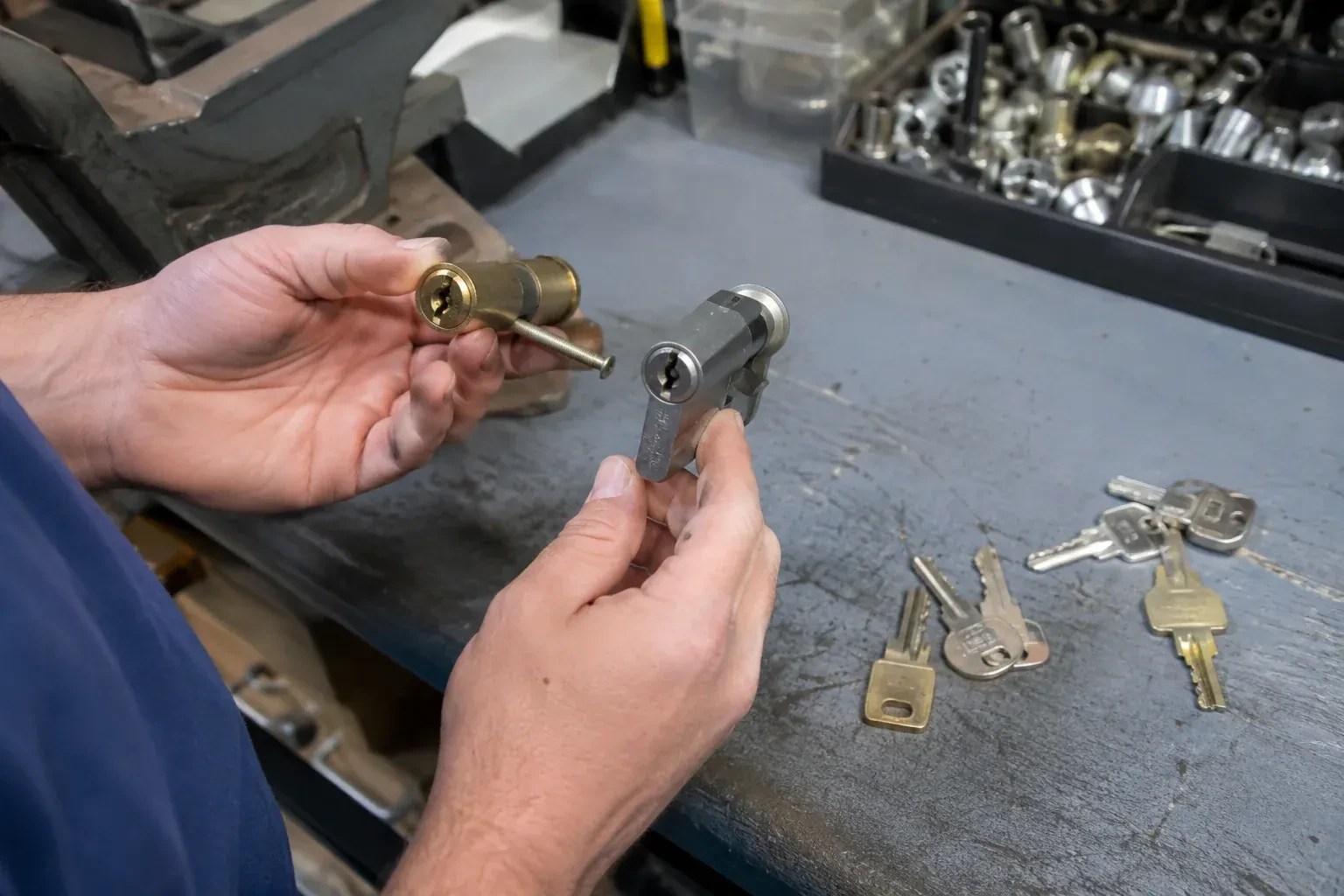 Hands comparing detached lock cylinders beside loose keys on a workbench. — Broken Key Extraction, Burlington