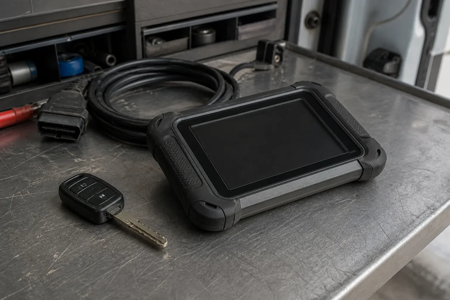 Vehicle key beside a dark diagnostic tablet and coiled connector cable on a workbench. — Transponder Key Programming, Burlington