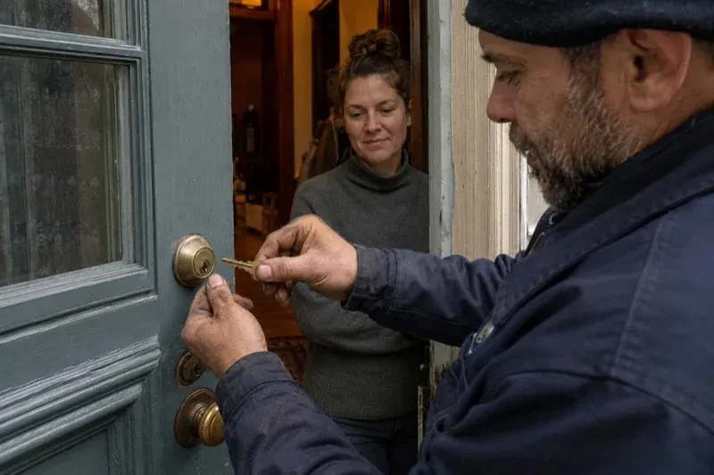 Person holding a key beside a brass-colored deadbolt on an open painted door while another person watches from inside. — Home Lockout Service, Burlington