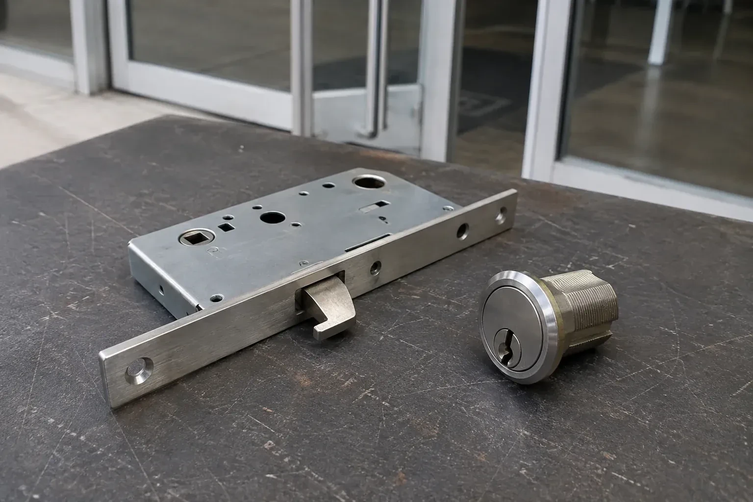 Detached mortise lock body with a projecting hook-shaped bolt beside a threaded cylinder. — Commercial-Grade Lock Replacement, Burlington