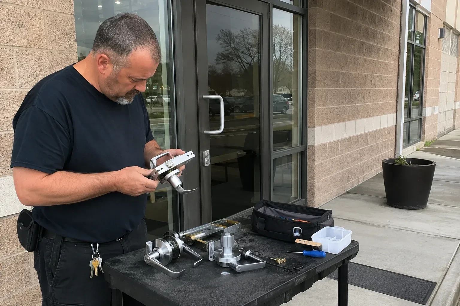 Person holding a door-handle and latch assembly at a worktable outside a glass entrance, with additional handles and tools laid out. — Commercial Rekeying, Burlington