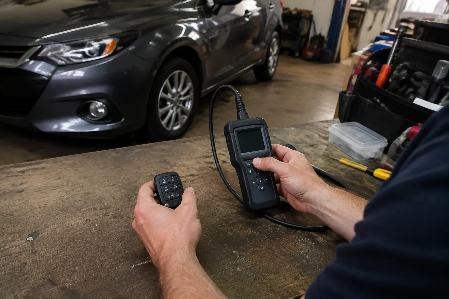 Hands holding a car-key fob and a small wired electronic device above a workbench in a garage with a parked car. — Key Fob Programming, Burlington