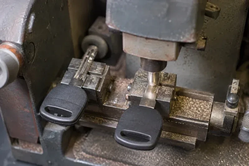 Two black-headed keys clamped in a bench machine, one beneath a vertical cutter, with metal shavings around the clamps. — Spare Car Key Duplication, Burlington