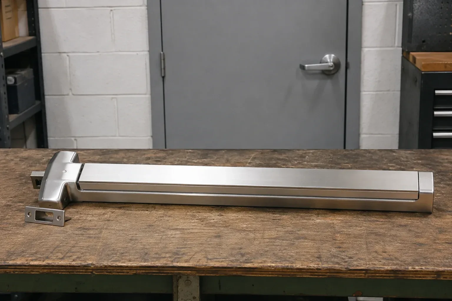 Detached horizontal exit device and separate strike component on a workshop bench. — Panic & Exit Hardware, Burlington