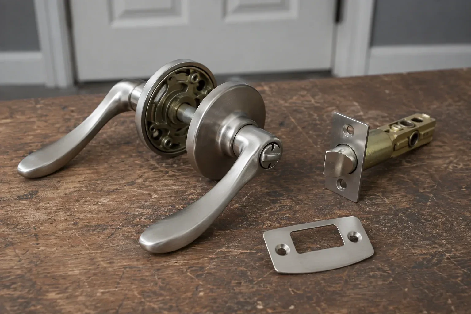 Detached satin-nickel lever hardware, tubular latch and strike plate on a wooden workbench. — Lock Replacement & Upgrade, Burlington