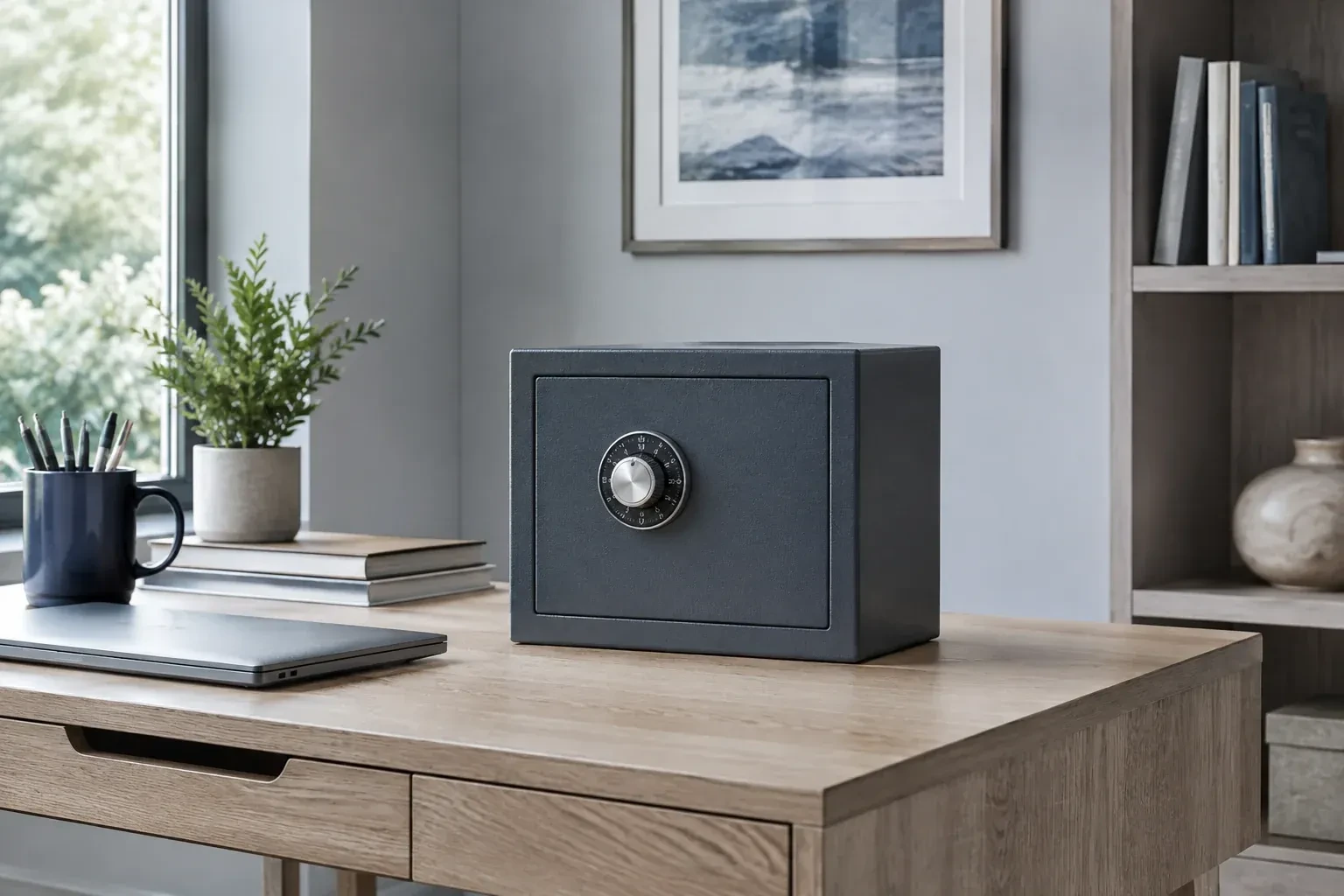 Small dark safe with a combination dial on a wooden desk beside a closed laptop and books. — Safe Opening & Combination Change, Burlington