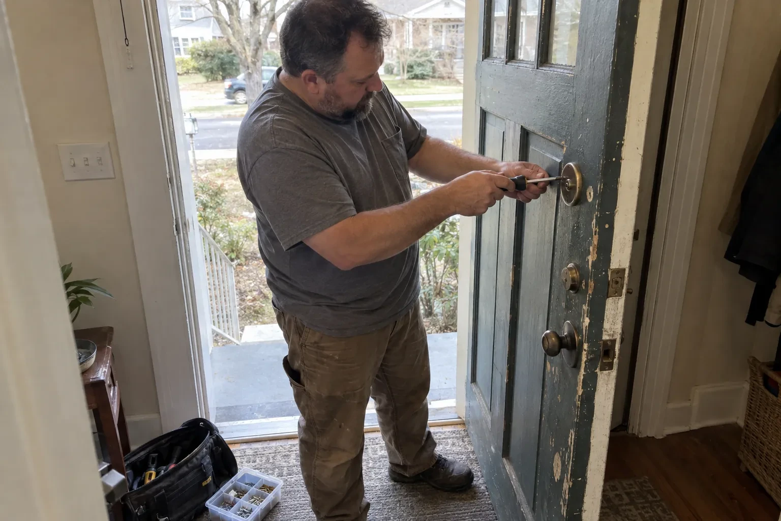 Technician using a screwdriver on the deadbolt of an open blue-gray front door, with a tool bag and screw tray nearby. — Deadbolt Installation, Burlington