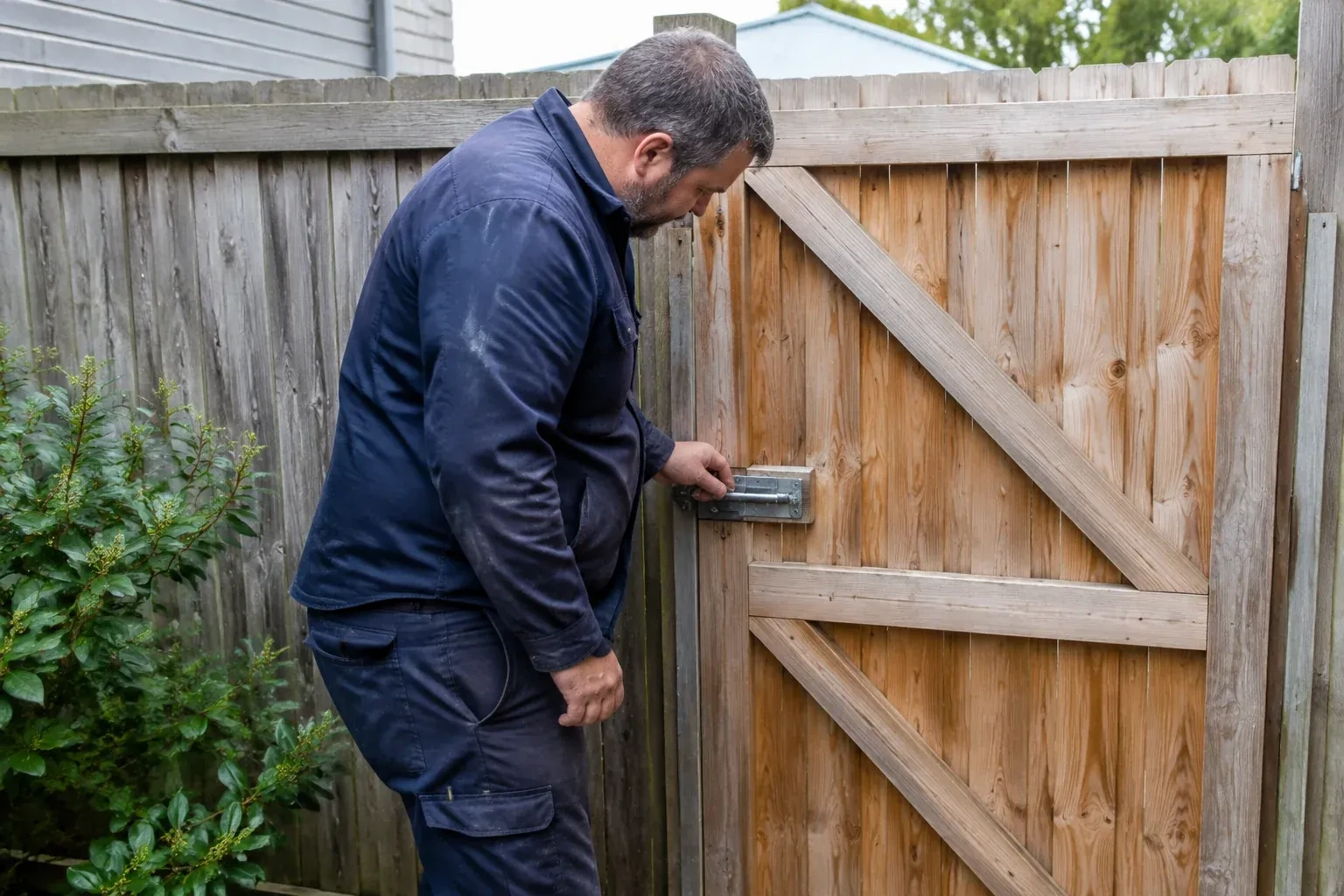 Person touching the sliding metal bolt on a wooden garden gate. — Gate & Building Entry Locks, Burlington
