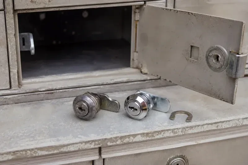 Two loose cam locks and a retaining clip resting below an open metal mailbox compartment. — Mailbox Lock Replacement, Burlington