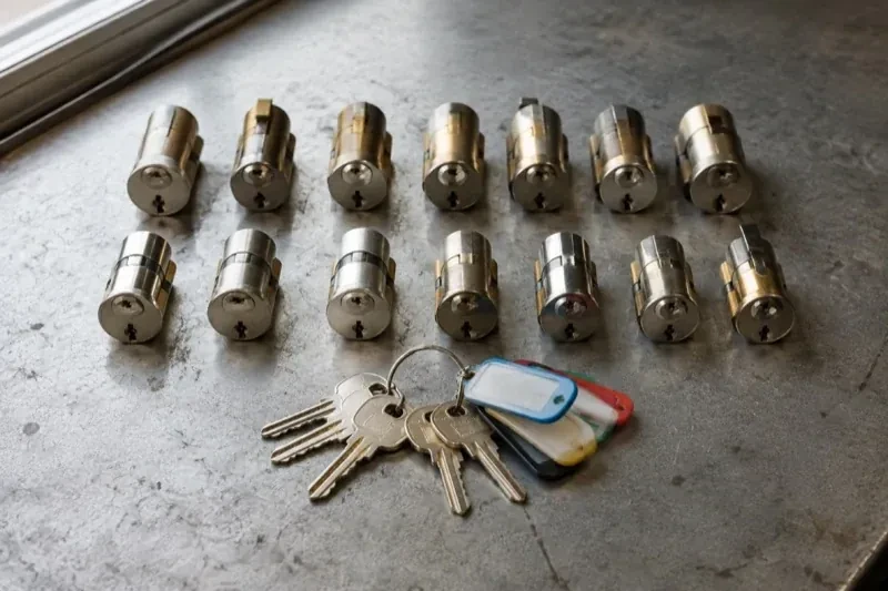 Two rows of lock cylinders on a metal surface with keys and colored key tags in front. — Master Key System Design, Burlington