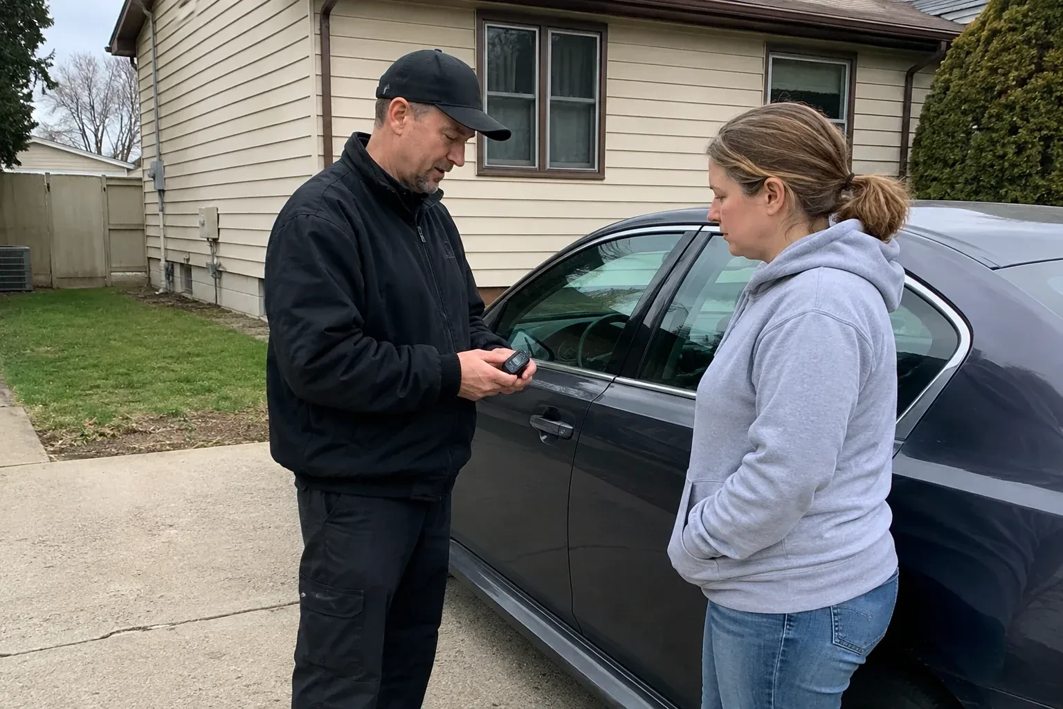 Two people standing beside a parked sedan, one wearing a cap and holding a small black device. — Vehicle Lock Repair, Burlington